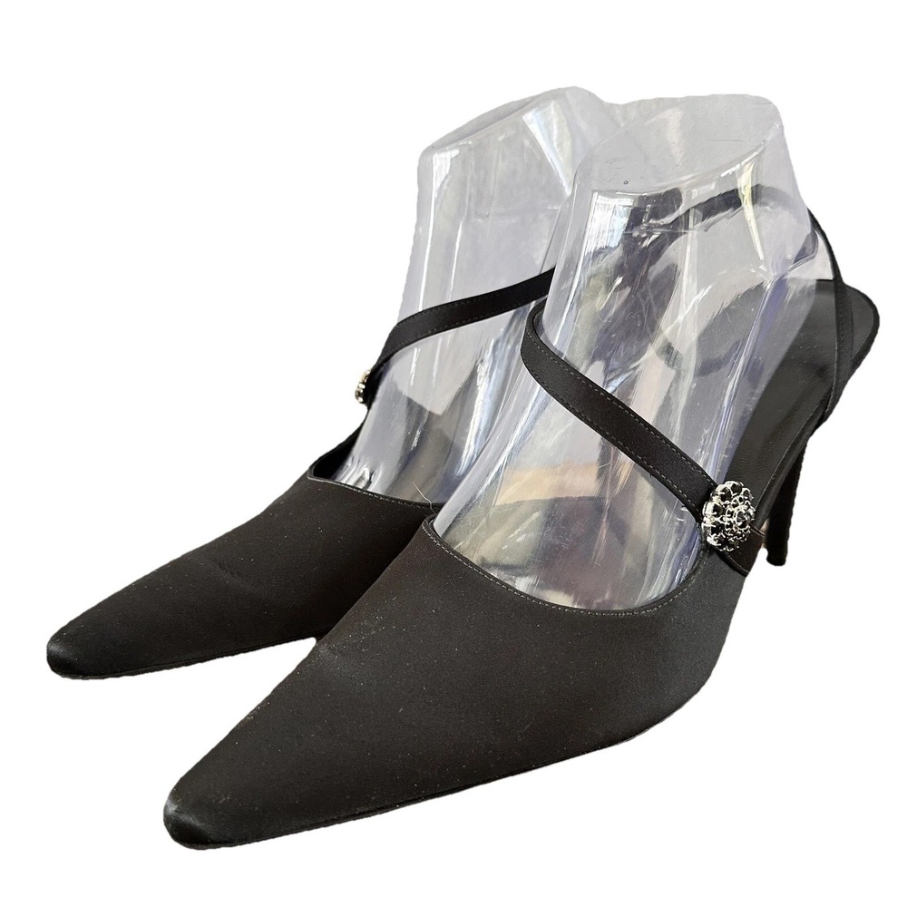 Antonio Melani Slingback Heels Satin Rhinestone Womens 9 Black Excellent